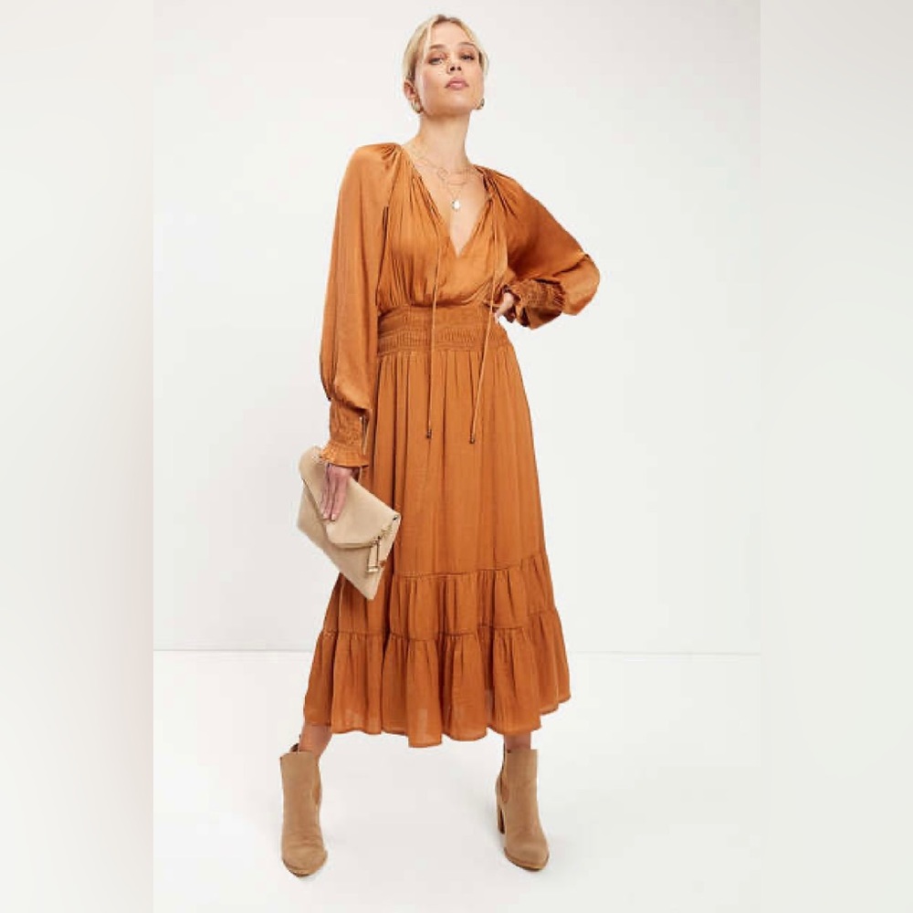 Boho Satin Midi Dress - Camel color.